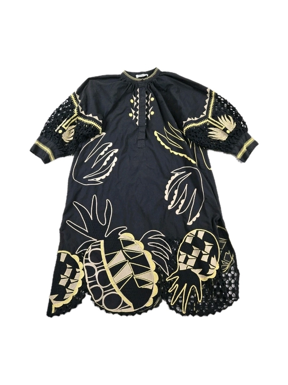 Jazmin Chebar Midi Dress Black Embroidered Pineapples Puff Sleeves Boho Resort